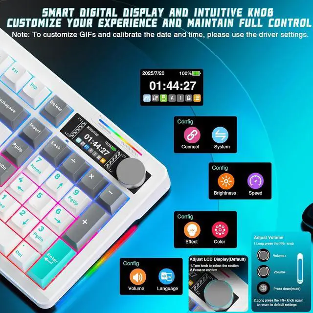 Alt view image 3 of 7 - LINGBAO K98 PRO 96% Mechanical Keyboard Wireless, with Screen & Knob, Creamy Gaming Keyboard, Tri-Mode BT5.0/2.4GHz/USB-C, Gasket Mount Hot-Swappable Linear Switches RGB Backlit Gamer Keyboards for PC