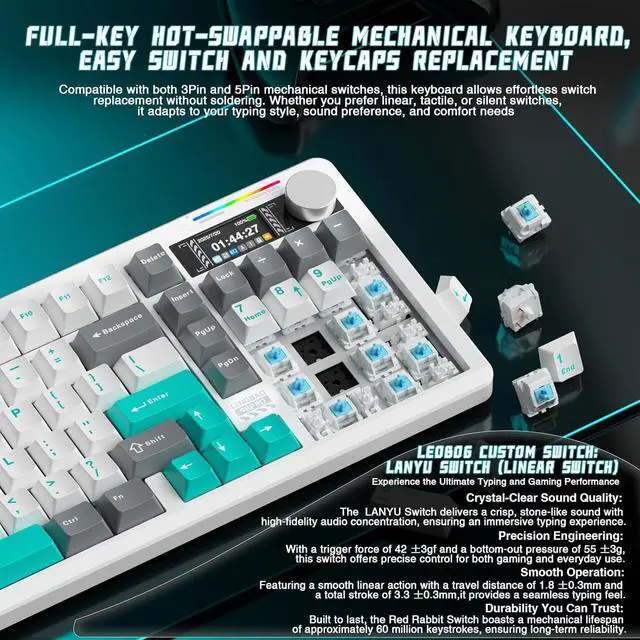 Alt view image 6 of 7 - LINGBAO K98 PRO 96% Mechanical Keyboard Wireless, with Screen & Knob, Creamy Gaming Keyboard, Tri-Mode BT5.0/2.4GHz/USB-C, Gasket Mount Hot-Swappable Linear Switches RGB Backlit Gamer Keyboards for PC