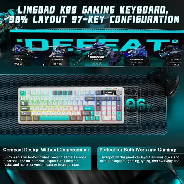 Alt view image 5 of 7 - LINGBAO K98 PRO 96% Mechanical Keyboard Wireless, with Screen & Knob, Creamy Gaming Keyboard, Tri-Mode BT5.0/2.4GHz/USB-C, Gasket Mount Hot-Swappable Linear Switches RGB Backlit Gamer Keyboards for PC
