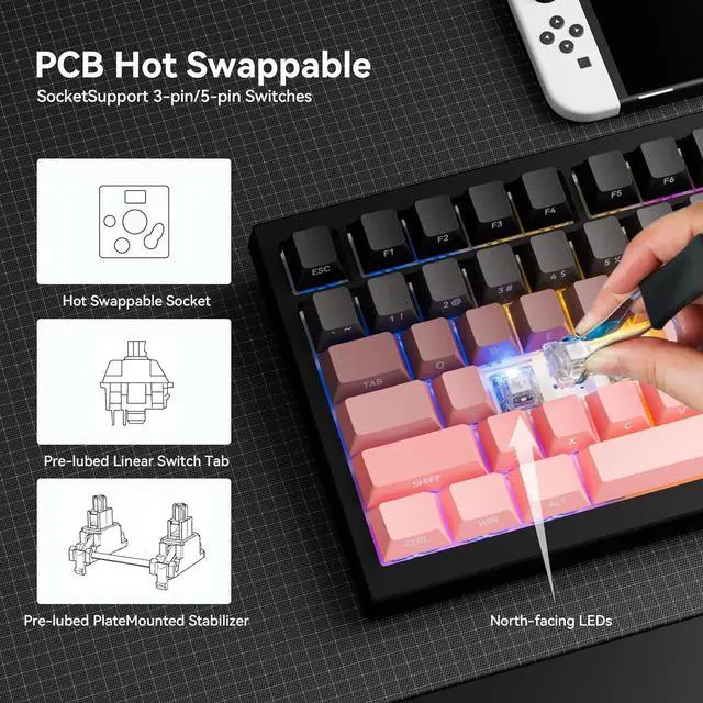 Alt view image 7 of 7 - Wireless Mechanical Keyboard with Knob,Tri-Mode BT5.0/2.4GHz/USB-C Hot Swappable Mechanical Keyboard,Pre-lubed Linear Switches,8000mAH Battery RGB Backlit Computer Gaming Keyboards for PC/Tablet/PS