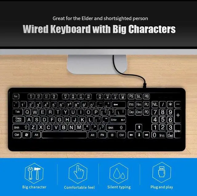 Alt view image 5 of 7 - Wired Large Print Keyboard White Bold Jumbo Letters Silent Backlit Keyboard with Oversized Characters 104 Keys for The Elder and People with Bad Eye Sight and Vision Ailment