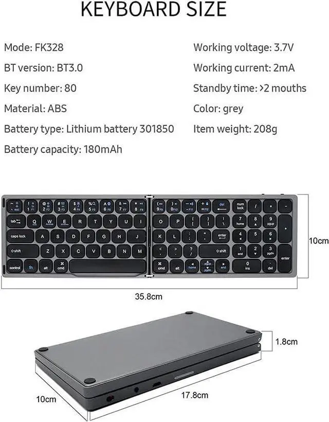 Alt view image 4 of 7 - Foldable BT Wireless Keyboard Portable Keyboard Pocket-Size Keyboard Support Android Windows iOS Phone and Tablet Grey