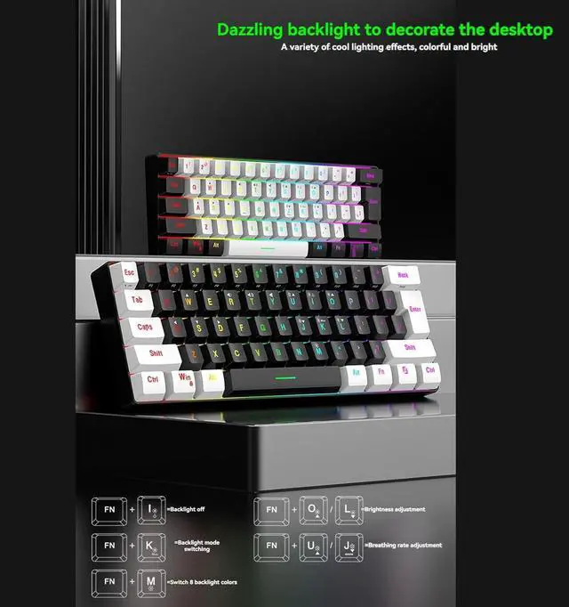 Alt view image 3 of 7 - 61 Keys Membrane Keyboard Key Cable Separation Simple and Compact Two Colours Colour Blocking RGB Cool Backlight Gaming Wired Keyboard Mini 60% Keyboard
