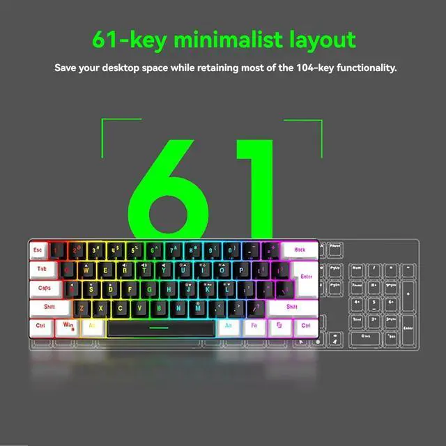Alt view image 4 of 7 - 61 Keys Membrane Keyboard Key Cable Separation Simple and Compact Two Colours Colour Blocking RGB Cool Backlight Gaming Wired Keyboard Mini 60% Keyboard