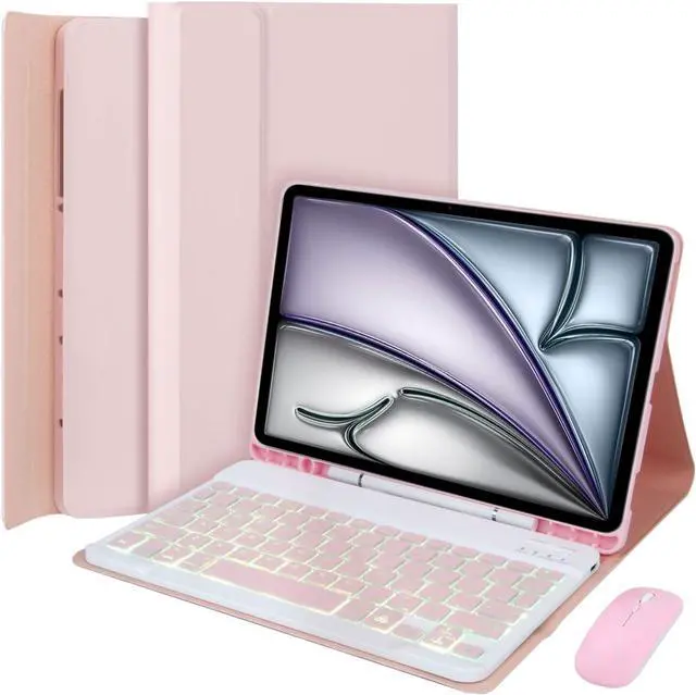 Main image of EHLCYS Keyboard Case for iPad Pro 13-inch (M4, 2024), Detachable 7-Color Backlit Wireless Bluetooth Keyboard, Ultra-Thin Folio Multi-Angle Protective Case with Pen Holder and Mouse,Pink