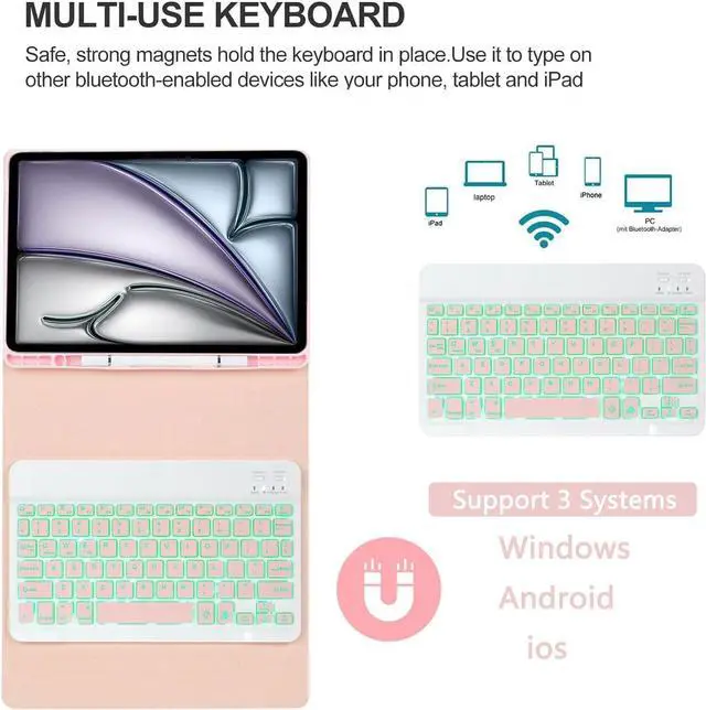 Alt view image 3 of 7 - EHLCYS Keyboard Case for iPad Pro 13-inch (M4, 2024), Detachable 7-Color Backlit Wireless Bluetooth Keyboard, Ultra-Thin Folio Multi-Angle Protective Case with Pen Holder and Mouse,Pink