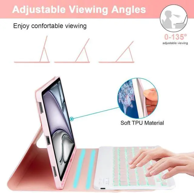 Alt view image 4 of 7 - EHLCYS Keyboard Case for iPad Pro 13-inch (M4, 2024), Detachable 7-Color Backlit Wireless Bluetooth Keyboard, Ultra-Thin Folio Multi-Angle Protective Case with Pen Holder and Mouse,Pink