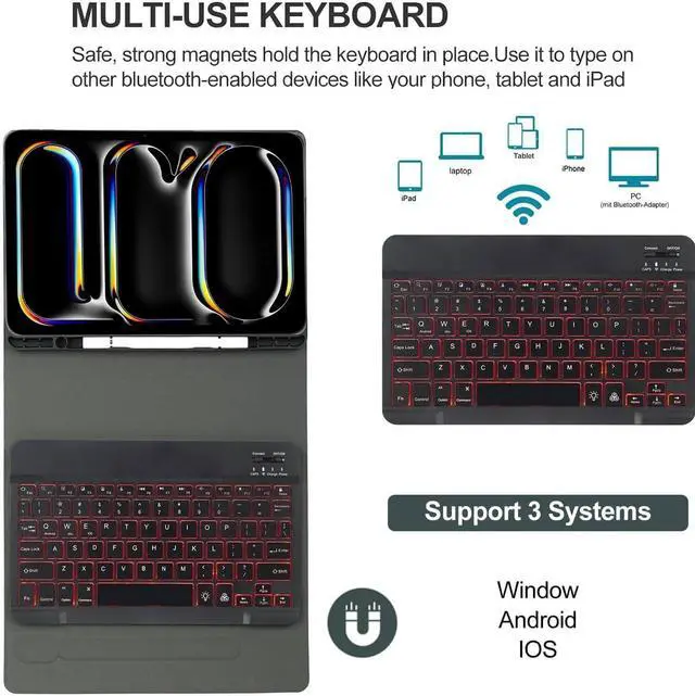 Alt view image 4 of 7 - EHLCYS Keyboard Case for iPad 9.7" 2018 (6th Generation) 2017 (5th Generation) iPad Pro 9.7 iPad Air 2 & 1, 7-Color Backlight Detachable Bluetooth Keyboard with Pen Holder and Mouse,Black