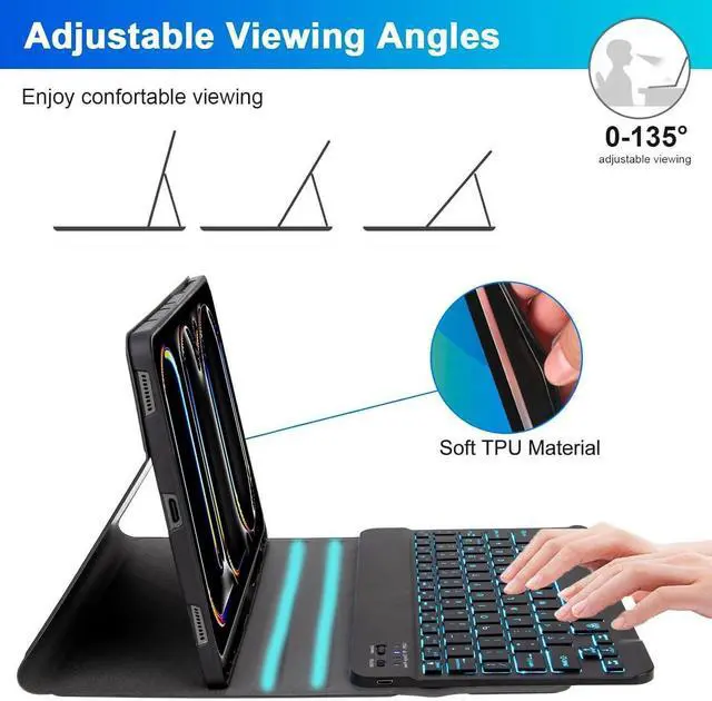 Alt view image 5 of 7 - EHLCYS Keyboard Case for iPad 9.7" 2018 (6th Generation) 2017 (5th Generation) iPad Pro 9.7 iPad Air 2 & 1, 7-Color Backlight Detachable Bluetooth Keyboard with Pen Holder and Mouse,Black