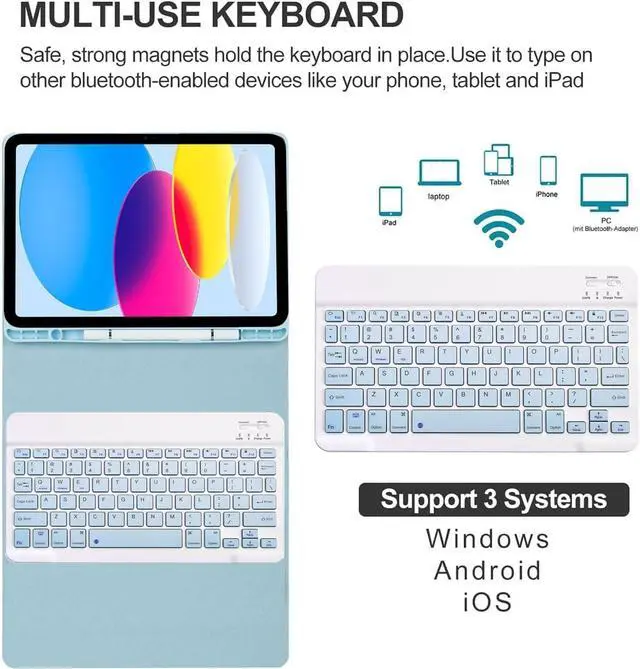 Alt view image 3 of 7 - EHLCYS Keyboard Case for iPad (A16) 11th Generation 11 inch 2025/iPad 10th Generation 10.9 inch, Detachable Wireless Bluetooth Keyboard, Ultra-Thin Folio Case with Pen Holder and Mouse,Blue