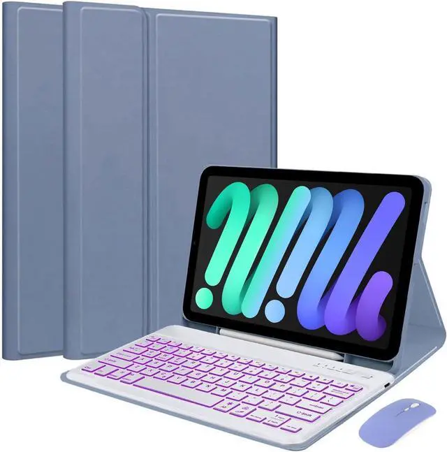 Main image of EHLCYS Keyboard Case for iPad mini (A17 Pro) 7th Generation 2024 / iPad mini 6th Gen 8.3 Inch, 7-Color Backlit Detachable Bluetooth Keyboard, Ultra-Thin Case with Pencil Holder and Mouse,Purple