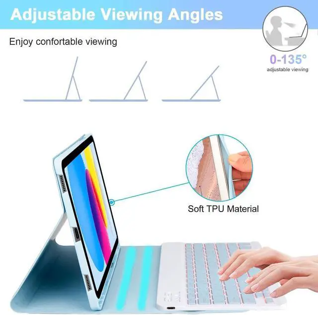 Alt view image 4 of 7 - EHLCYS Keyboard Case for iPad (A16) 11th Generation 11 inch 2025/iPad 10th Generation 10.9 inch, Detachable 7-Color Backlit Bluetooth Keyboard, Ultra-Thin Case with Pen Holder and Mouse,Blue