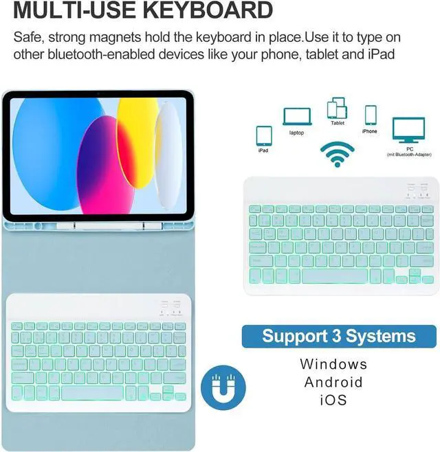Alt view image 5 of 7 - EHLCYS Keyboard Case for iPad (A16) 11th Generation 11 inch 2025/iPad 10th Generation 10.9 inch, Detachable 7-Color Backlit Bluetooth Keyboard, Ultra-Thin Case with Pen Holder and Mouse,Blue