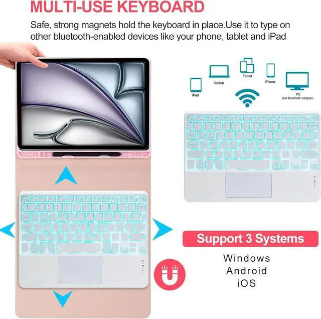 Alt view image 3 of 7 - EHLCYS Keyboard Case for iPad Air 13 inch (M3 2025/M2 2024), Smart Touchpad Detachable 7-Color Backlight Wireless Bluetooth Keyboard, Ultra-Thin Case with Pen Holder and Mouse,Pink