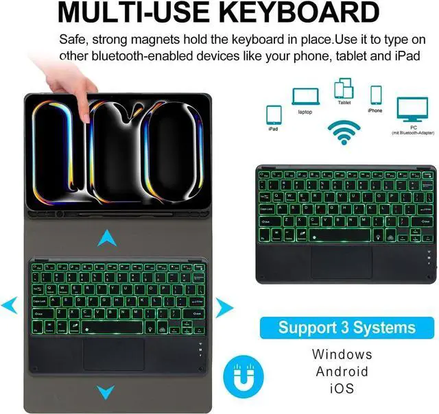 Alt view image 4 of 7 - EHLCYS Keyboard Case for iPad Pro 11-inch (M4, 2024), iPad Pro 11-inch (5th Generation), Detachable 7-Color Backlit Touchpad Keyboard, Ultra-Thin Case with Pen Holder and Mouse,Blue