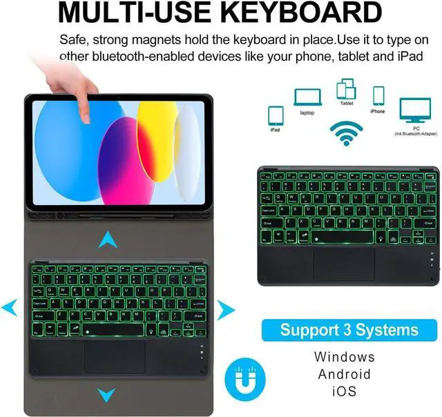 Alt view image 3 of 7 - EHLCYS Keyboard Case for iPad (A16) 11th Gen 11-inch 2025/iPad 10th Gen 10.9-inch, Smart Touchpad Detachable 7-Color Backlit Bluetooth Keyboard, Ultra-Thin Case with Pen Holder and Mouse,Mint Green