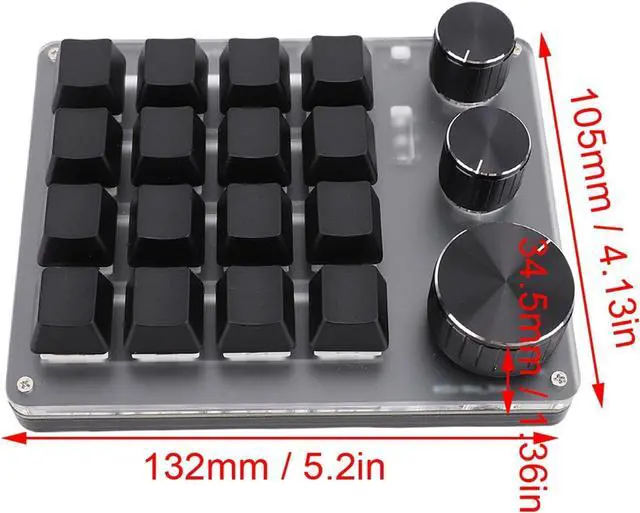 Alt view image 6 of 7 - Macro Pad, 16 Key Red Switch Macro Keyboard, 3 Knobs Custom Mechanical Keypad with BT 2.4G Wired Modes for Shortcut Input (Black)