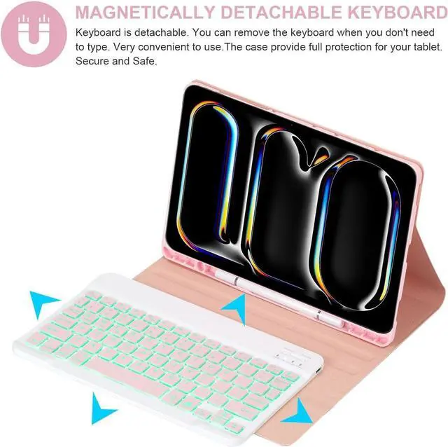Alt view image 3 of 7 - EHLCYS Keyboard Case for iPad 9.7" 2018 (6th Generation) 2017 (5th Generation) iPad Pro 9.7 iPad Air 2 & 1, 7-Color Backlight Detachable Bluetooth Keyboard with Pen Holder and Mouse,Pink