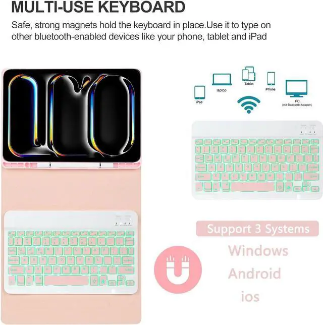 Alt view image 4 of 7 - EHLCYS Keyboard Case for iPad 9.7" 2018 (6th Generation) 2017 (5th Generation) iPad Pro 9.7 iPad Air 2 & 1, 7-Color Backlight Detachable Bluetooth Keyboard with Pen Holder and Mouse,Pink
