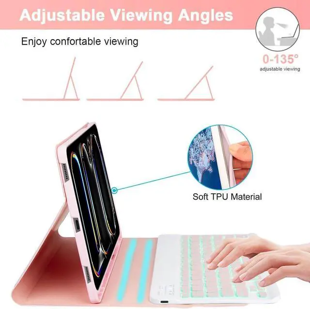 Alt view image 5 of 7 - EHLCYS Keyboard Case for iPad 9.7" 2018 (6th Generation) 2017 (5th Generation) iPad Pro 9.7 iPad Air 2 & 1, 7-Color Backlight Detachable Bluetooth Keyboard with Pen Holder and Mouse,Pink