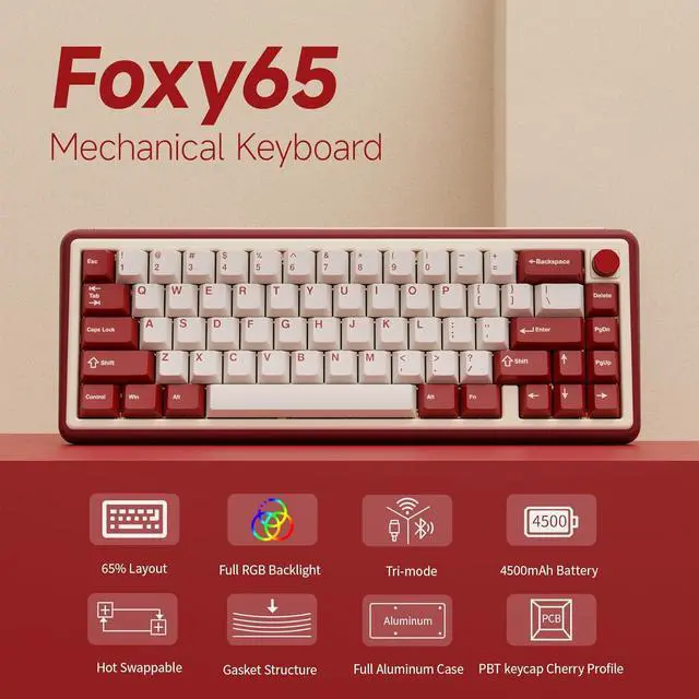 Alt view image 5 of 7 - Chilkey Foxy65 Mechanical Keyboard with Knob, Gasket Mount 65% Aluminum Wireless Mechanical Keyboard, BT5.0/2.4GHz/USB-C, Hot Swappable, RGB Backlit Computer Custom Key Board for PC