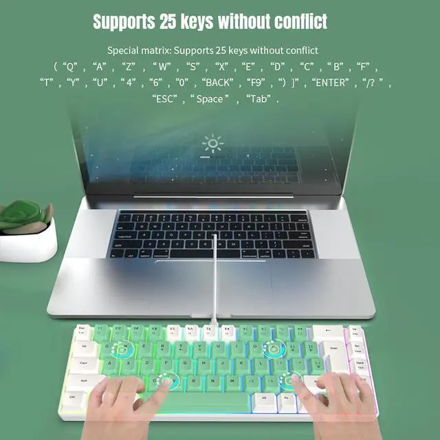 Alt view image 2 of 7 - CHEOTIME Wired Keyboard, 68 Key RGB Mechanical Wired Keyboard Compact 60 Percent with Backlit Lighting for PC Laptop Gamers Typists Travel (White Green Color Block)