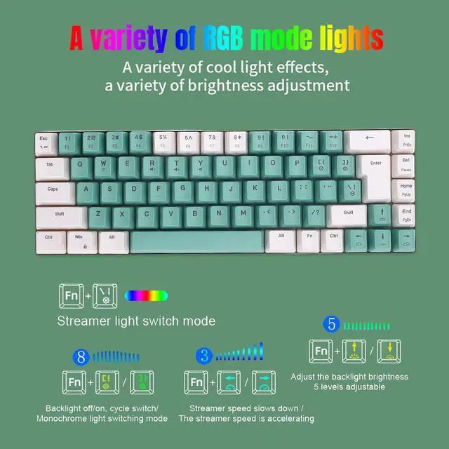 Alt view image 3 of 7 - CHEOTIME Wired Keyboard, 68 Key RGB Mechanical Wired Keyboard Compact 60 Percent with Backlit Lighting for PC Laptop Gamers Typists Travel (White Green Color Block)