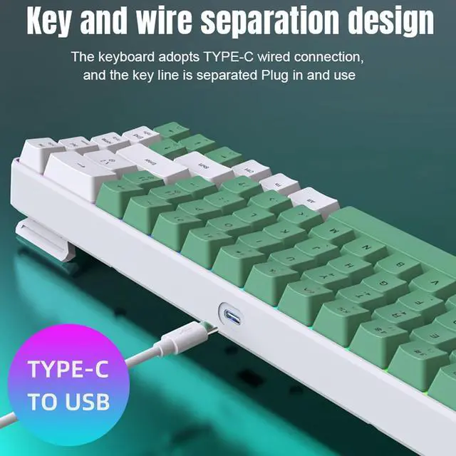 Alt view image 4 of 7 - CHEOTIME Wired Keyboard, 68 Key RGB Mechanical Wired Keyboard Compact 60 Percent with Backlit Lighting for PC Laptop Gamers Typists Travel (White Green Color Block)