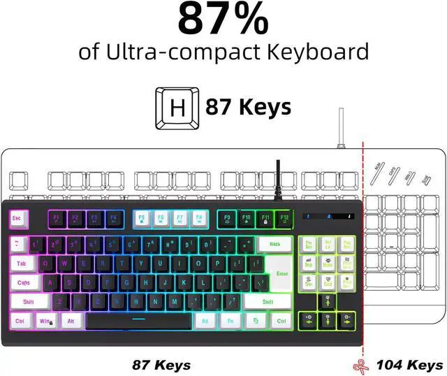Alt view image 2 of 7 - CHEOTIME RGB Wired Gaming Keyboard, 87 Keys Compact USB Wired Computer Keyboard with Backlit Lighting for PC Laptop Gamers Typists Travel (White Black Color Block)