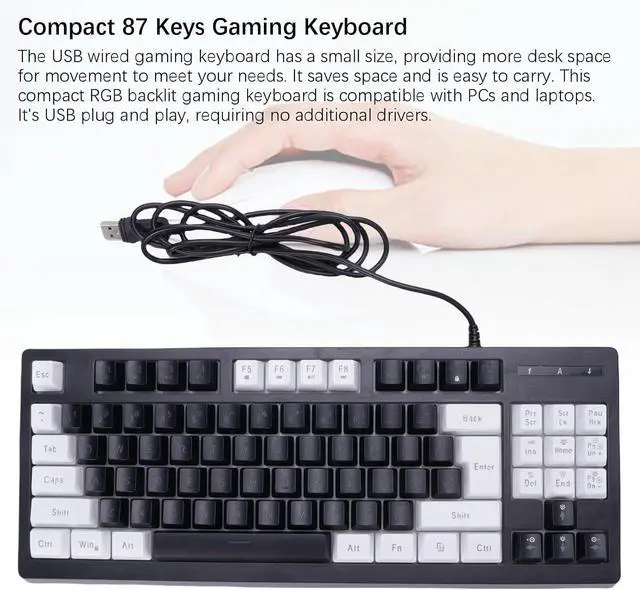 Alt view image 4 of 7 - CHEOTIME RGB Wired Gaming Keyboard, 87 Keys Compact USB Wired Computer Keyboard with Backlit Lighting for PC Laptop Gamers Typists Travel (White Black Color Block)