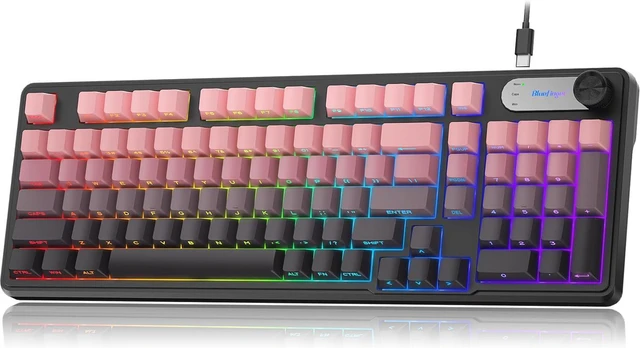 Main image of BlueFinger RGB Gaming Keyboard, 98 Keys USB Wired Keyboard with Rainbow Backlit, Volume Knob & Screen, Quiet Typing, Side-Printed PBT Keycaps for PC/Mac