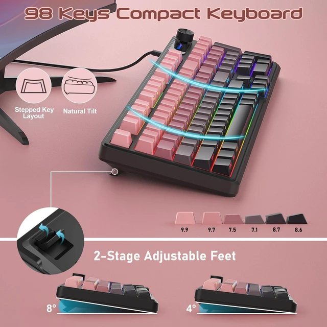 Alt view image 3 of 7 - BlueFinger RGB Gaming Keyboard, 98 Keys USB Wired Keyboard with Rainbow Backlit, Volume Knob & Screen, Quiet Typing, Side-Printed PBT Keycaps for PC/Mac