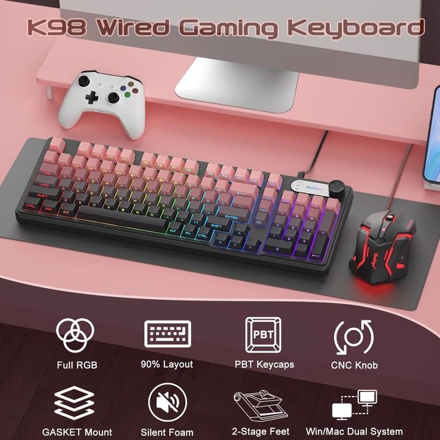 Alt view image 6 of 7 - BlueFinger RGB Gaming Keyboard, 98 Keys USB Wired Keyboard with Rainbow Backlit, Volume Knob & Screen, Quiet Typing, Side-Printed PBT Keycaps for PC/Mac