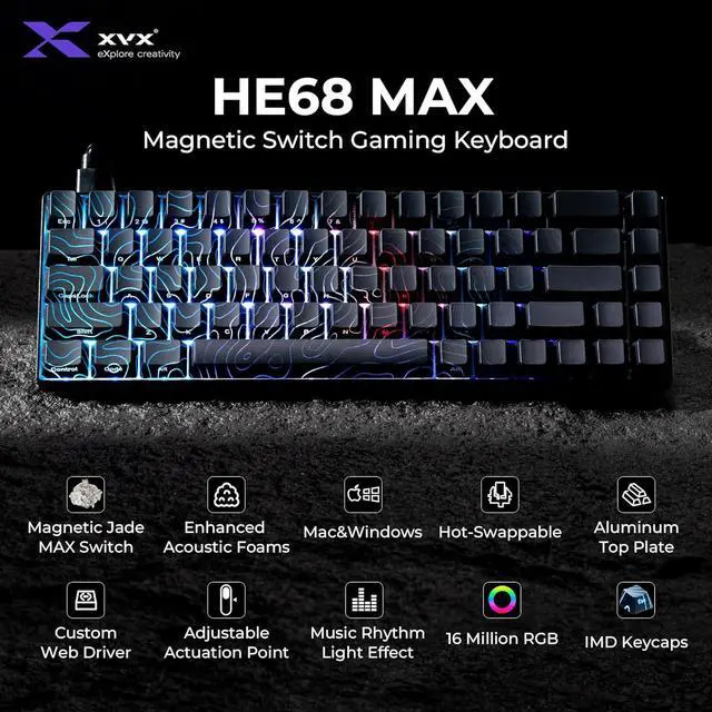 Alt view image 2 of 7 - XVX HE68 Max Rapid Trigger Keyboard 60% Percent,Hall Effect Keyboard with Gateron Magnetic Jade Max Switch,CNC Aluminum Frame Custom Mechanical Key Board for PC/Laptop/Xbox/PS4/PS5, Black Phantom