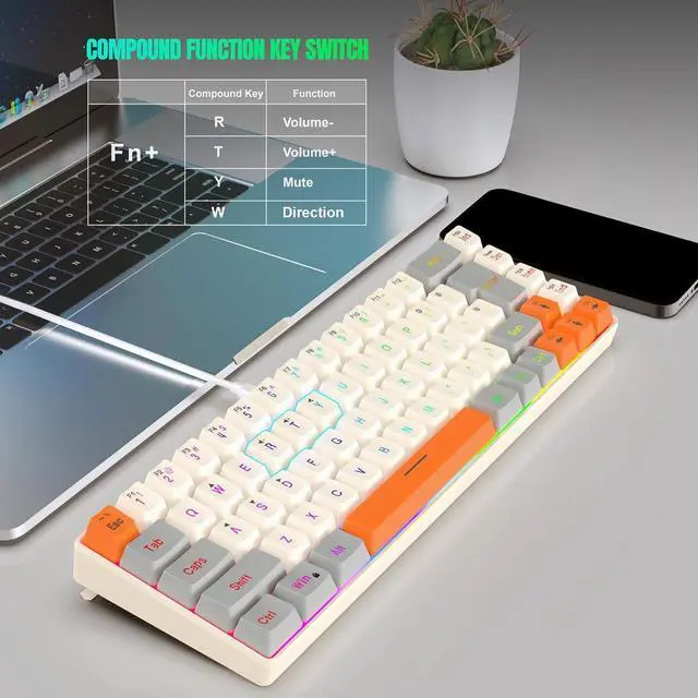 Alt view image 5 of 7 - Ubxvamm ARGB Backlits Gaming Keyboard 68Keys, Ergonomic USB Wire Keyboard with Detachable USB C Cable for PC Users