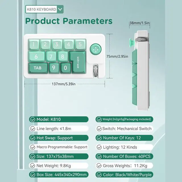 Alt view image 5 of 7 - STBQHG K810 Corded Mechanical Gamers Keyboard Hot-Swappable with Lighting Programmable Macros Joystick Small Keypad 12Keys
