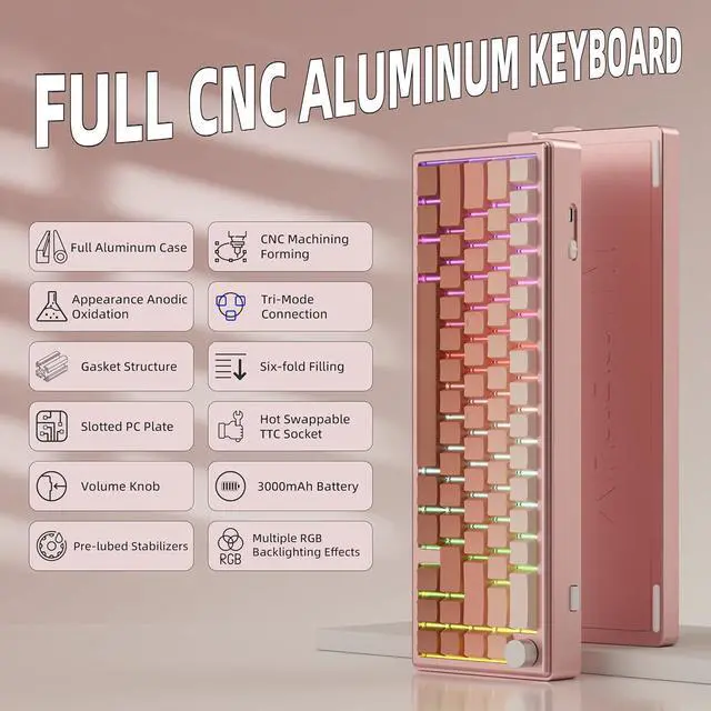 Alt view image 2 of 7 - KY65 Wireless Mechanical Keyboard,65% Gasket Hot Swappable Custom Keyboard,RGB Backlit,Pre-lubed Gateron Switches,Side Printed PBT Keycaps,2.4GHz/TYPE-C/BT5.0 Mechanical Gaming Keyboards, Pink&Brown