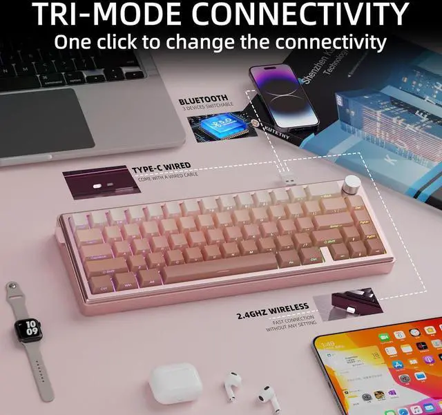 Alt view image 3 of 7 - KY65 Wireless Mechanical Keyboard,65% Gasket Hot Swappable Custom Keyboard,RGB Backlit,Pre-lubed Gateron Switches,Side Printed PBT Keycaps,2.4GHz/TYPE-C/BT5.0 Mechanical Gaming Keyboards, Pink&Brown