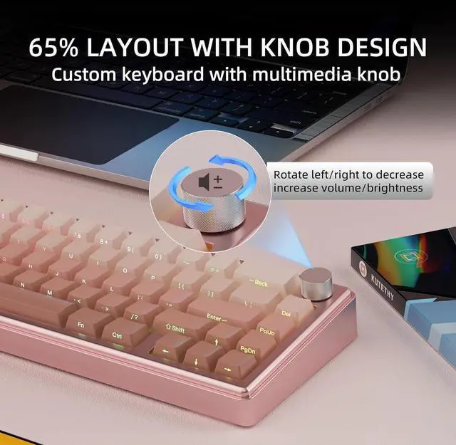Alt view image 4 of 7 - KY65 Wireless Mechanical Keyboard,65% Gasket Hot Swappable Custom Keyboard,RGB Backlit,Pre-lubed Gateron Switches,Side Printed PBT Keycaps,2.4GHz/TYPE-C/BT5.0 Mechanical Gaming Keyboards, Pink&Brown