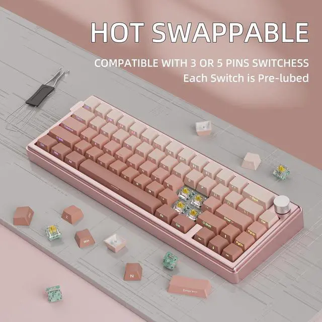 Alt view image 5 of 7 - KY65 Wireless Mechanical Keyboard,65% Gasket Hot Swappable Custom Keyboard,RGB Backlit,Pre-lubed Gateron Switches,Side Printed PBT Keycaps,2.4GHz/TYPE-C/BT5.0 Mechanical Gaming Keyboards, Pink&Brown