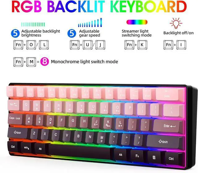 Alt view image 2 of 7 - Snpurdiri 60% Wired Gaming Keyboard, 61 Keys RGB Backlit Ultra-Compact Small Gaming Keyboard, for PC/Mac Gamer, Typist, Travel, Easy to Carry on Business Trip (Pink-Black)
