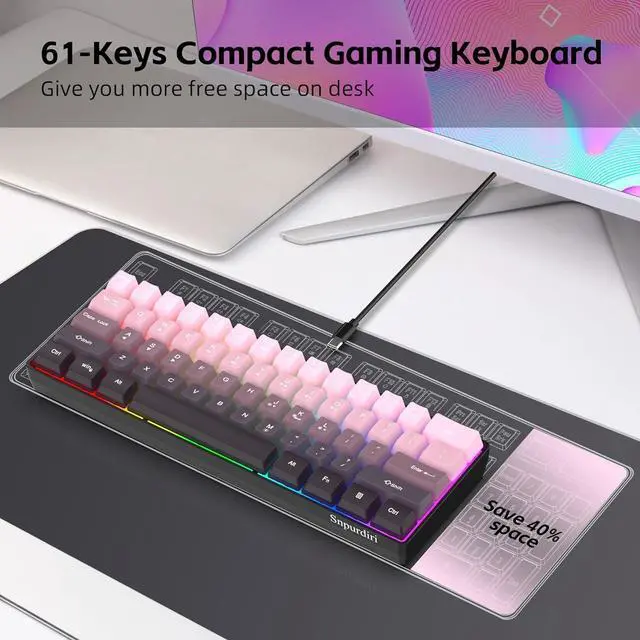 Alt view image 4 of 7 - Snpurdiri 60% Wired Gaming Keyboard, 61 Keys RGB Backlit Ultra-Compact Small Gaming Keyboard, for PC/Mac Gamer, Typist, Travel, Easy to Carry on Business Trip (Pink-Black)