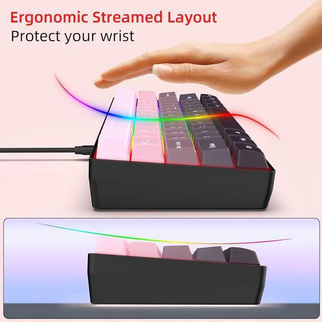Alt view image 6 of 7 - Snpurdiri 60% Wired Gaming Keyboard, 61 Keys RGB Backlit Ultra-Compact Small Gaming Keyboard, for PC/Mac Gamer, Typist, Travel, Easy to Carry on Business Trip (Pink-Black)