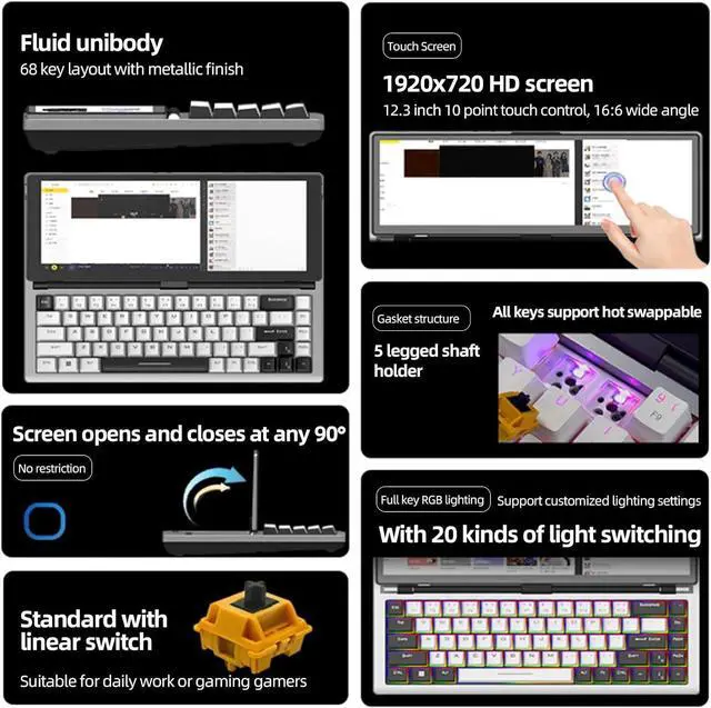 Alt view image 6 of 7 - Mechanical Keyboard with Screen, 68 Keys Portable USB Wired RGB LED Backlit 12.3 Inch Touch Screen Monitor Keyboard (US Plug)