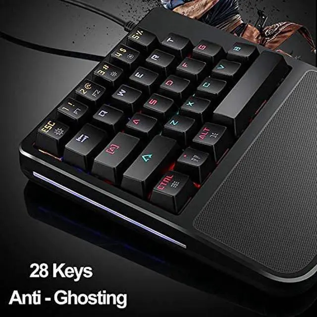 Alt view image 2 of 7 - One-Hand Mechanical Keyboard, Wired Gaming Keyboard, 28-Key LED Backlight, Blue Switch, Ergonomic Wrist Strap, for PC Laptop