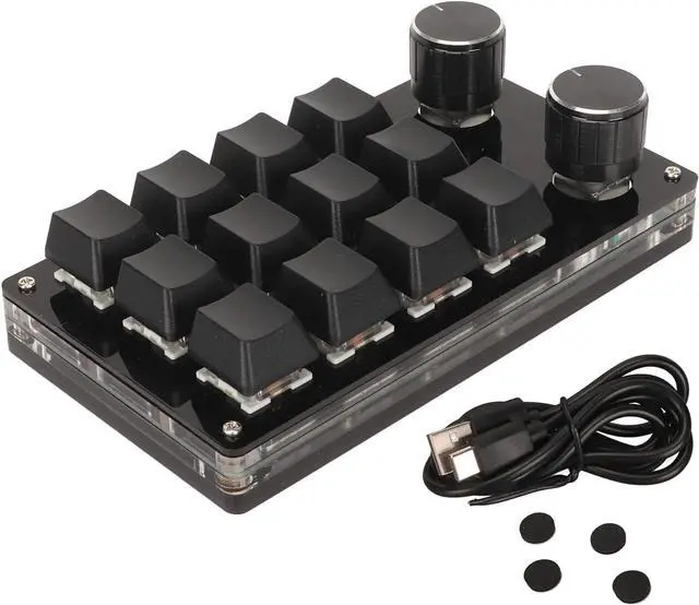 Main image of Mini 12 Key Mechanical Keypad with 2 Knobs, DIY Programmable, Blue Switch, Wired Connection, Plug and Play, One Handed for Office, Gaming, Music Control (Black)