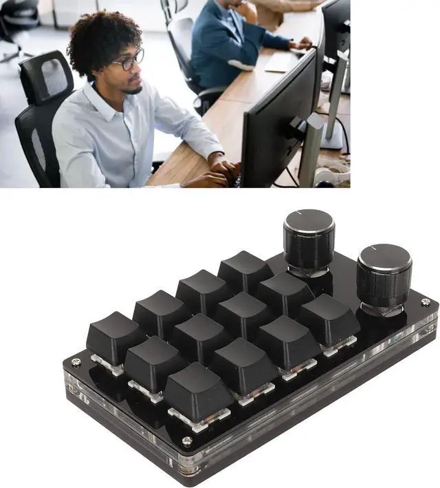 Alt view image 3 of 7 - Mini 12 Key Mechanical Keypad with 2 Knobs, DIY Programmable, Blue Switch, Wired Connection, Plug and Play, One Handed for Office, Gaming, Music Control (Black)