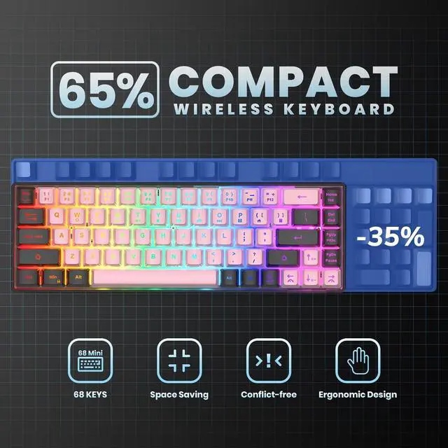 Alt view image 4 of 7 - GEODMAER 65% Wired Gaming Keyboard (Pink-Black)