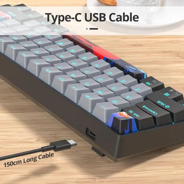 Alt view image 4 of 6 - surmen 60% Wired Mechanical Gaming Keyboard, 61 Keys Backlit Ultra-Compact Mini Office Keyboard with Red Switch for PC/Mac Gamer, Typist (61 Dolch)