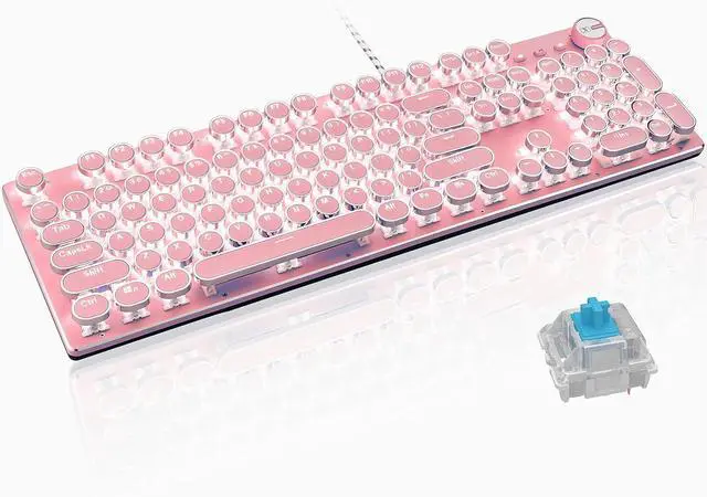 Main image of Basaltech Pink Mechanical Gaming Keyboard Retro Steampunk Vintage Typewriter Style Keyboard 104 Keys Anti-Ghosting Blue Switches with LED Backlight Wired USB Metal Panel Round keycap (Pink -SK)